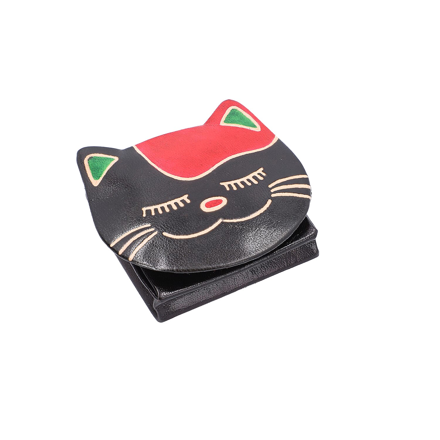 SUKRITI 100% Genuine Leather Closed Eye Smiling Cat Coin Pouch (8.5x8cm) - Yellow, Black and Blue