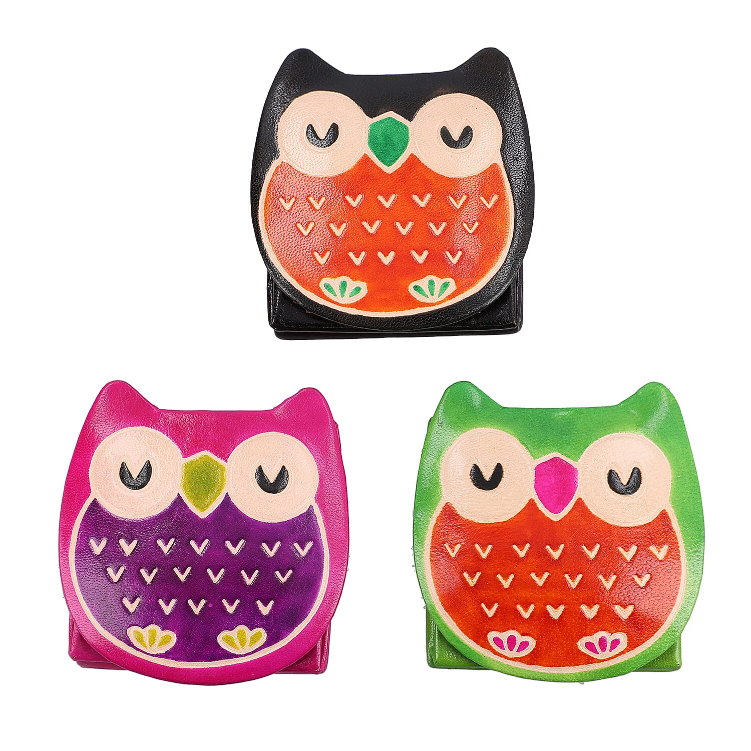 SUKRITI 100% Genuine Leather Sleeping Owl Coin Pouch (7x8cm) - Black, Pink and Green