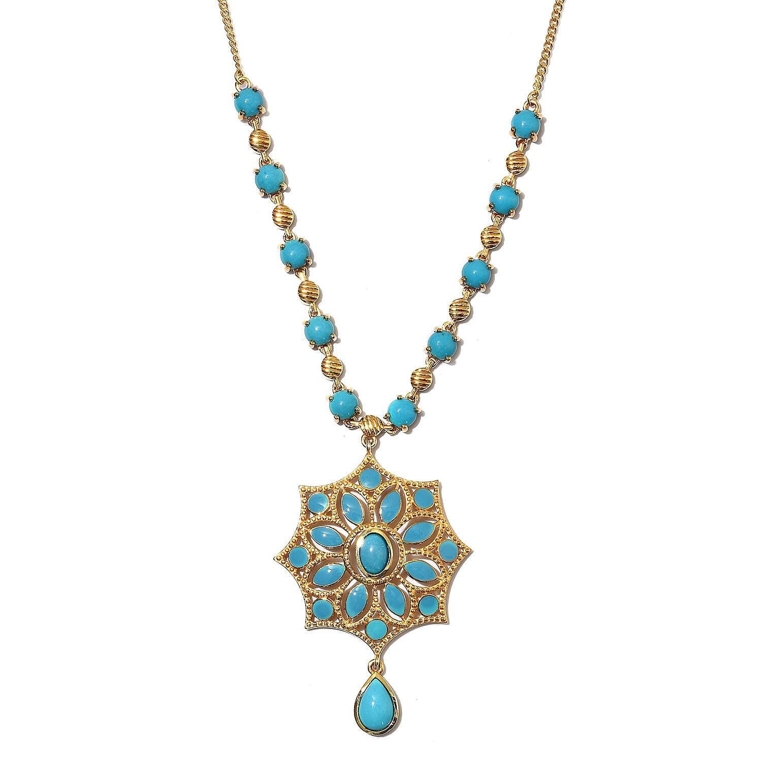 AA Arizona Sleeping Beauty Turquoise Enamelled Floral Necklace (Size 18) in 14K Gold Overlay Sterling 6.75 Ct, Silver wt 11.00 Gms