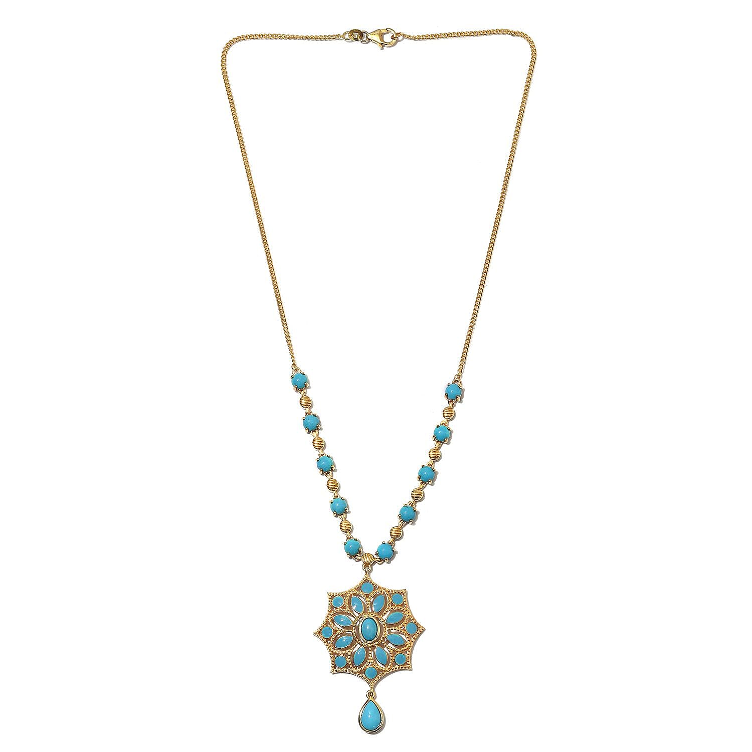 AA Arizona Sleeping Beauty Turquoise Enamelled Floral Necklace (Size 18) in 14K Gold Overlay Sterling 6.75 Ct, Silver wt 11.00 Gms
