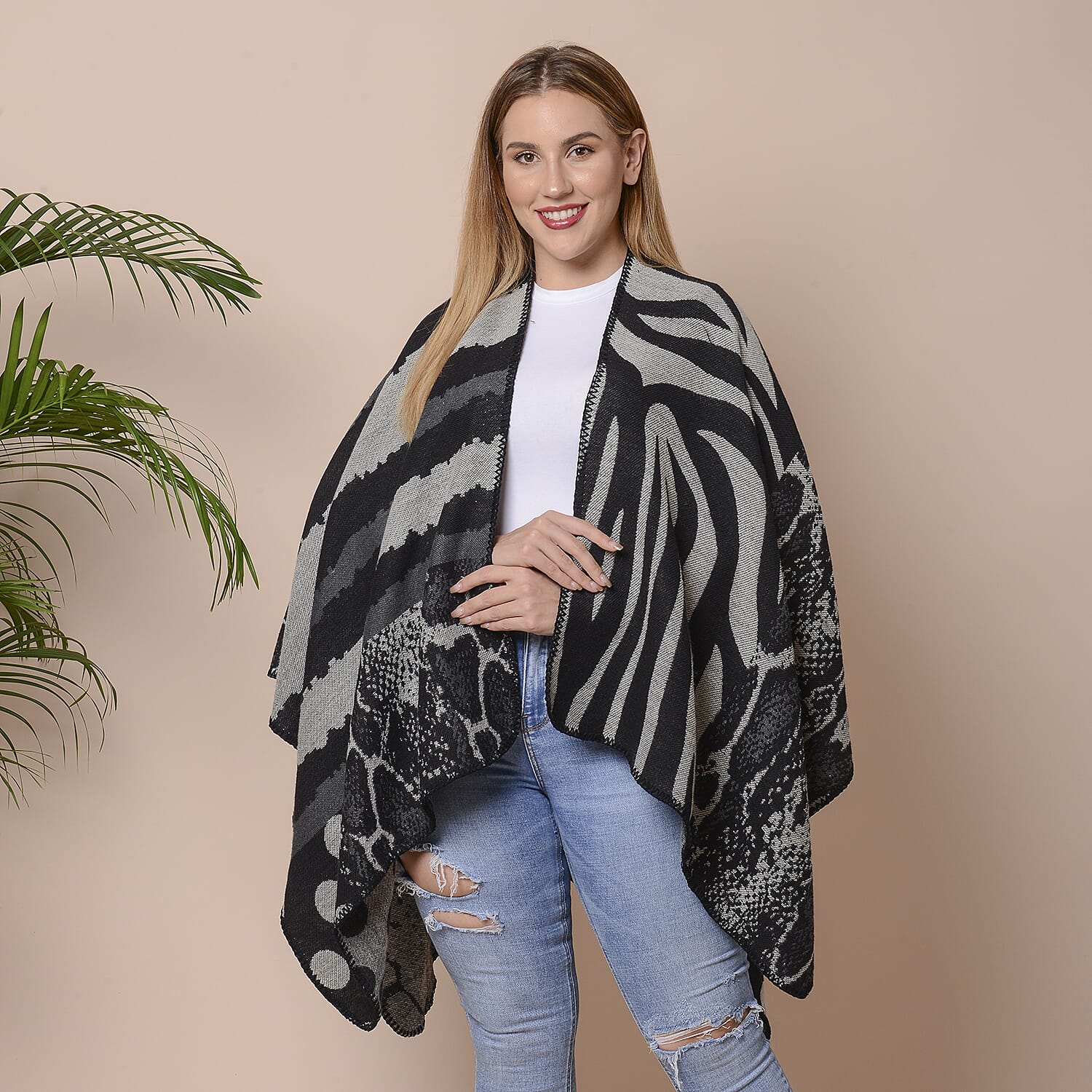 Stripes, Polka Dot and Snake Skin Pattern Ruana with Border (Size 75x135 Cm) - Black and Grey