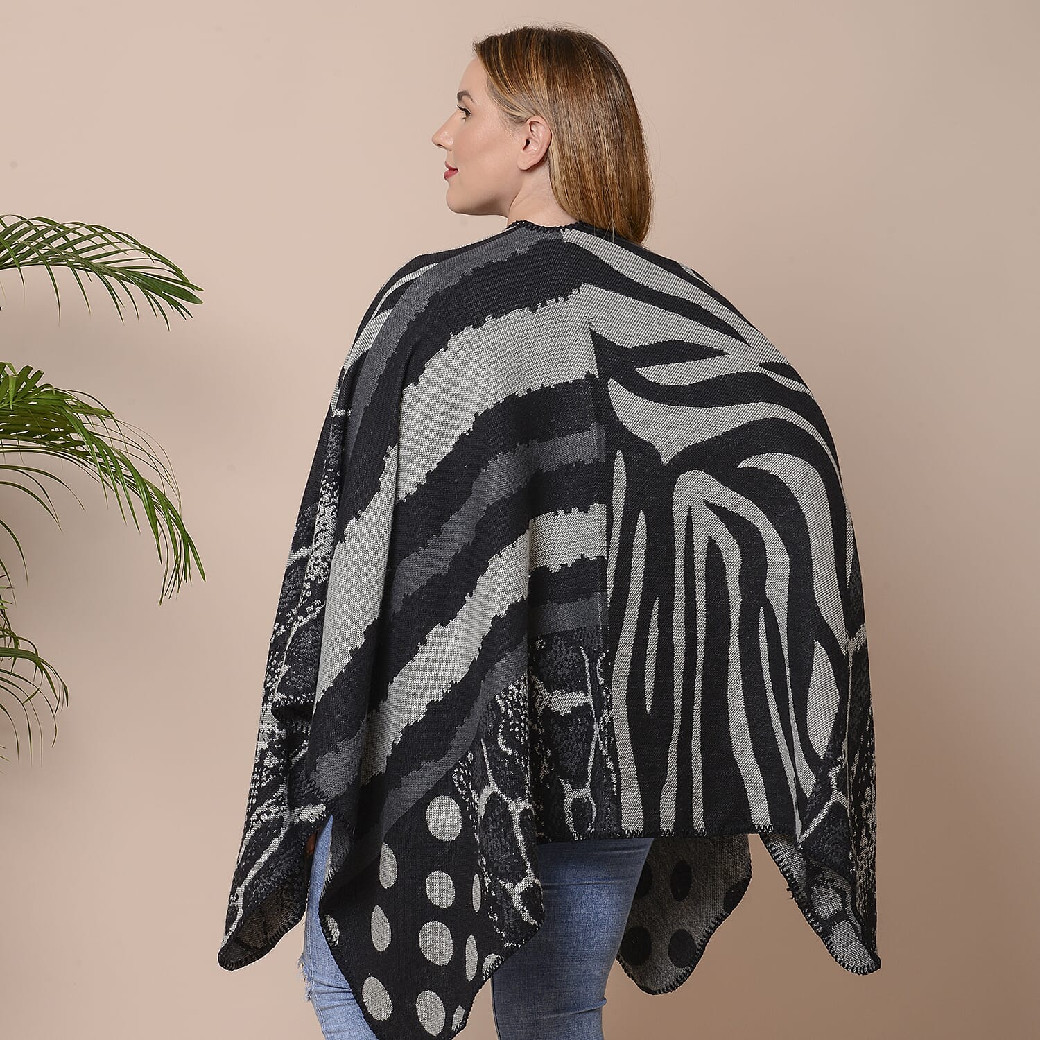 Stripes, Polka Dot and Snake Skin Pattern Ruana with Border (Size 75x135 Cm) - Black and Grey