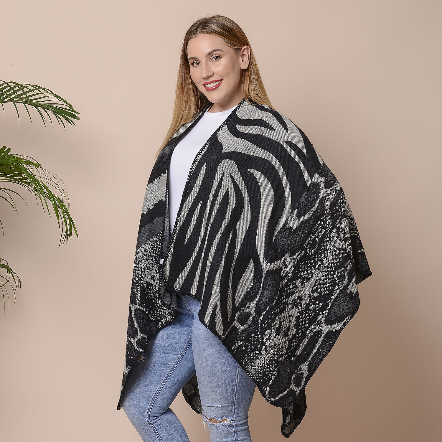 Stripes, Polka Dot and Snake Skin Pattern Ruana with Border (Size 75x135 Cm) - Black and Grey