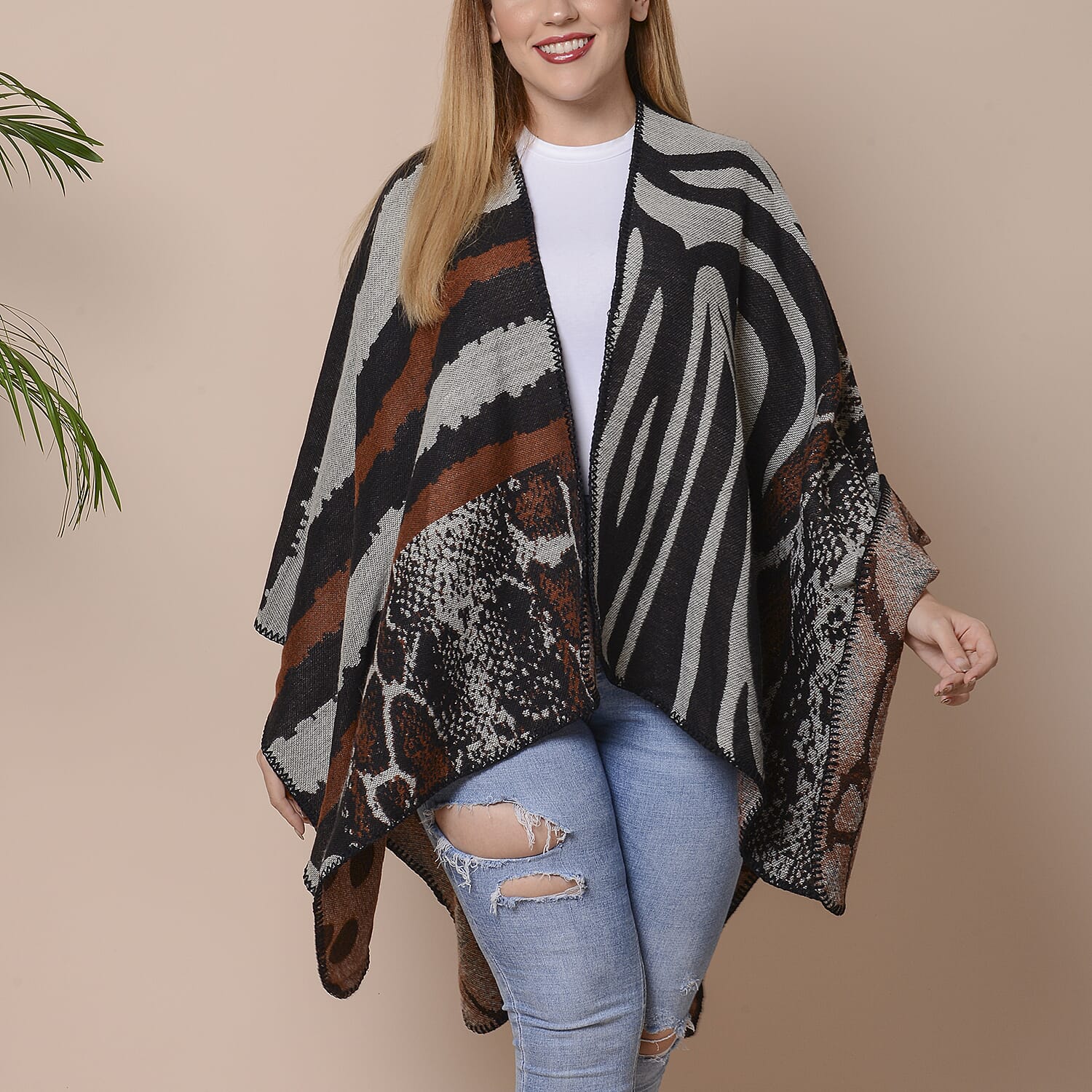 Stripes, Polka Dot and Snake Skin Pattern Ruana with Border (Size 75x135 Cm) - Black, Brown and Grey