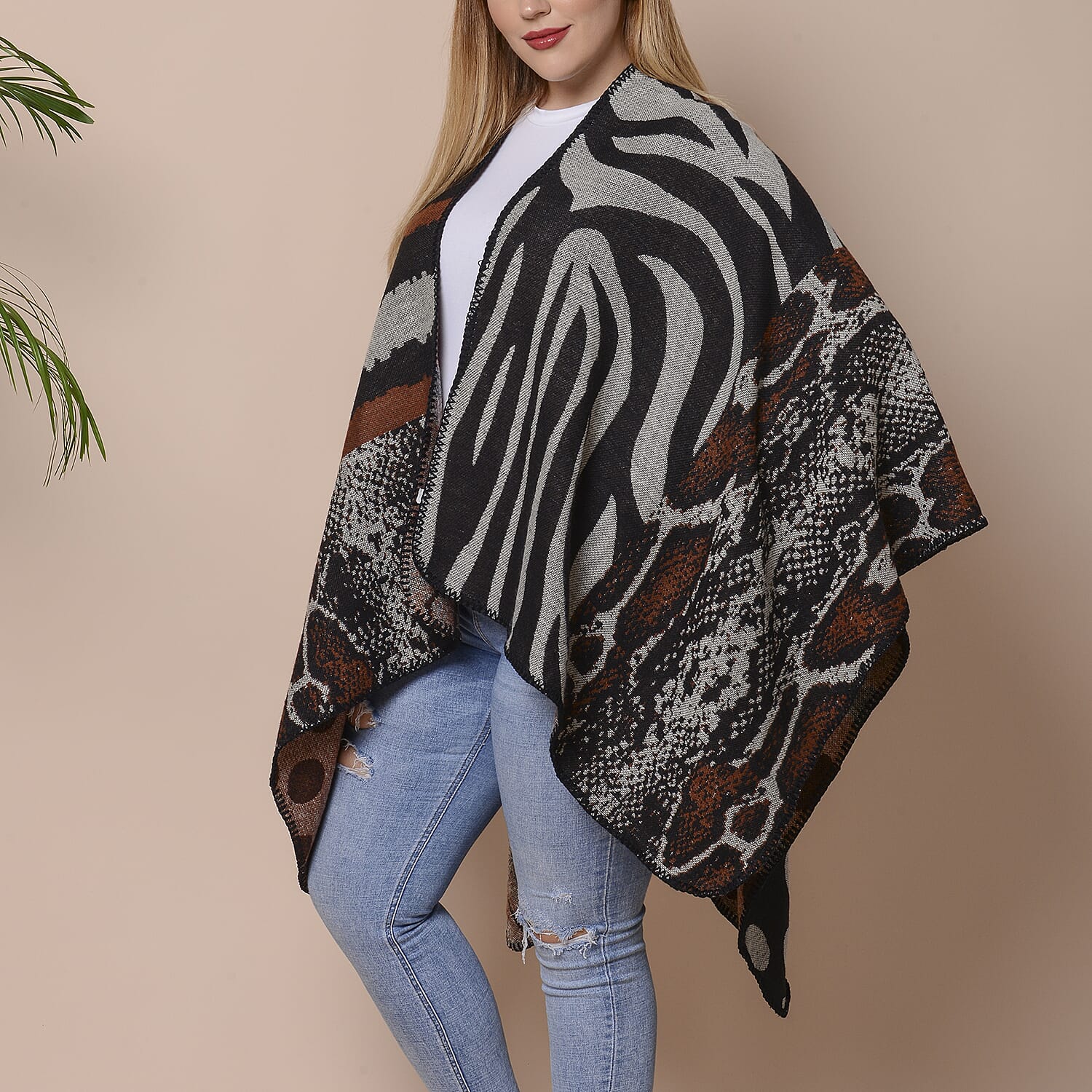 Stripes, Polka Dot and Snake Skin Pattern Ruana with Border (Size 75x135 Cm) - Black, Brown and Grey