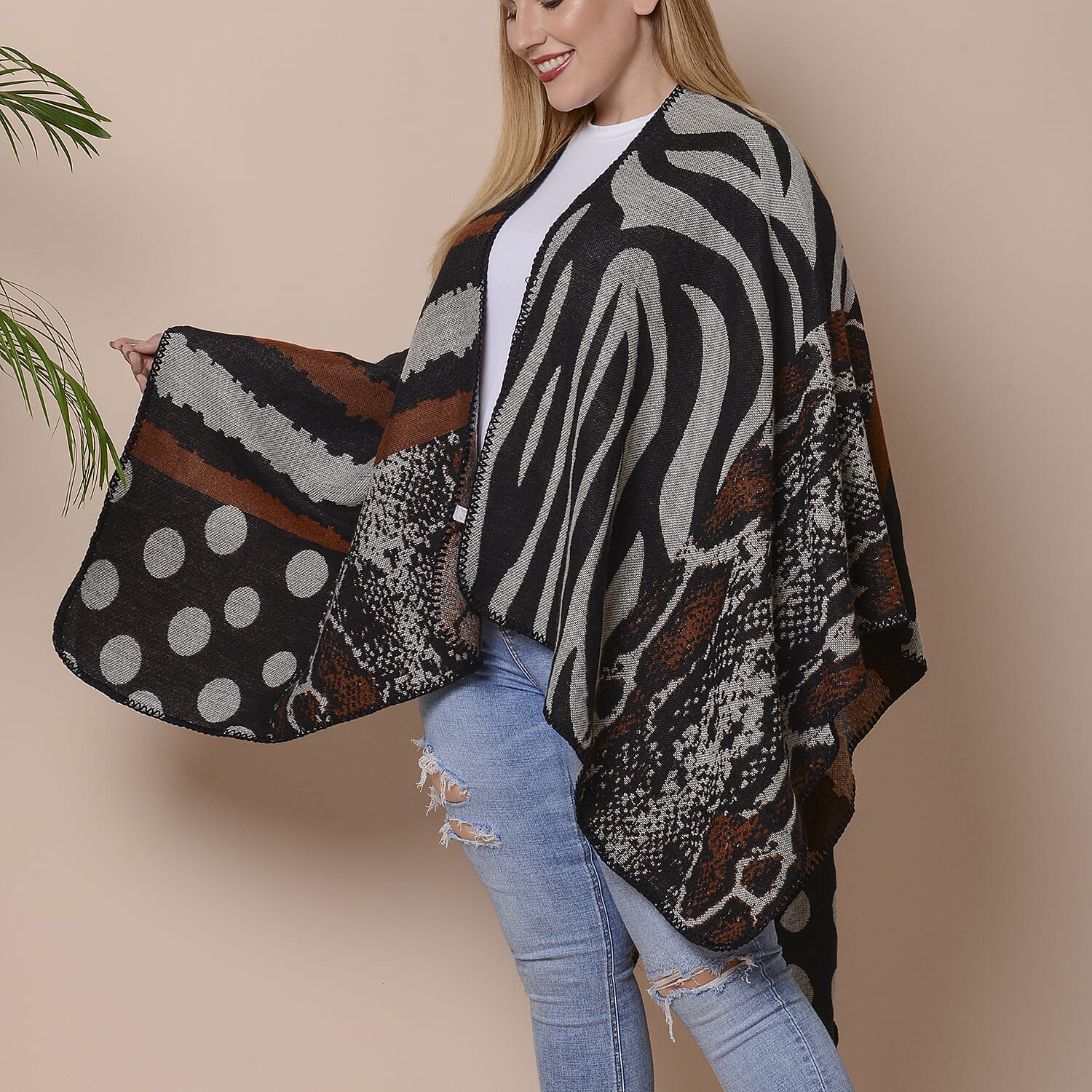 Stripes, Polka Dot and Snake Skin Pattern Ruana with Border (Size 75x135 Cm) - Black, Brown and Grey