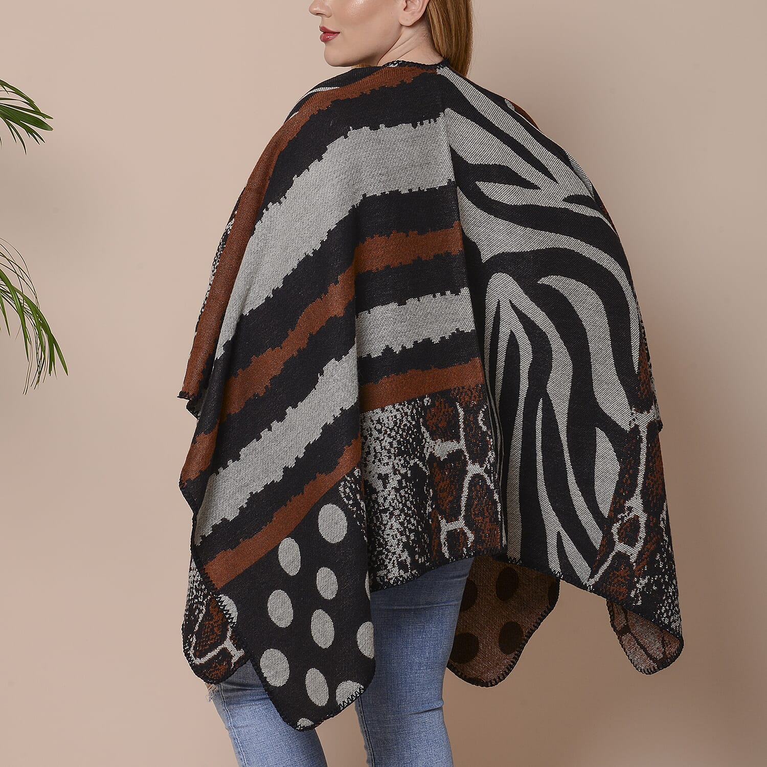 Stripes, Polka Dot and Snake Skin Pattern Ruana with Border (Size 75x135 Cm) - Black, Brown and Grey