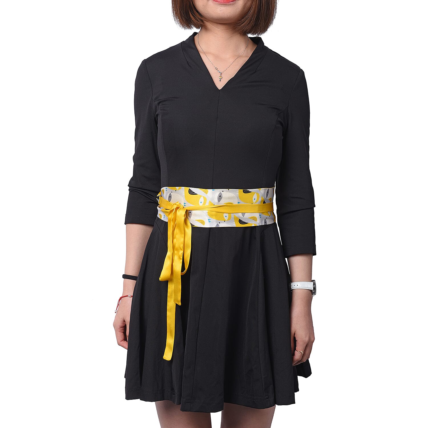 Bird Pattern 100% Mulberry Silk Satin Belt (Size 260 Cm) - Yellow