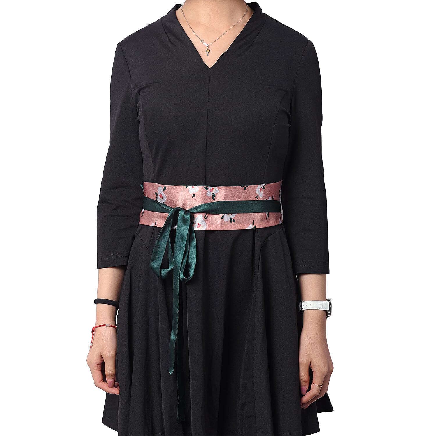 Flower Pattern 100% Mulberry Silk Satin Belt (Size 260 Cm) - Green, Pink and White