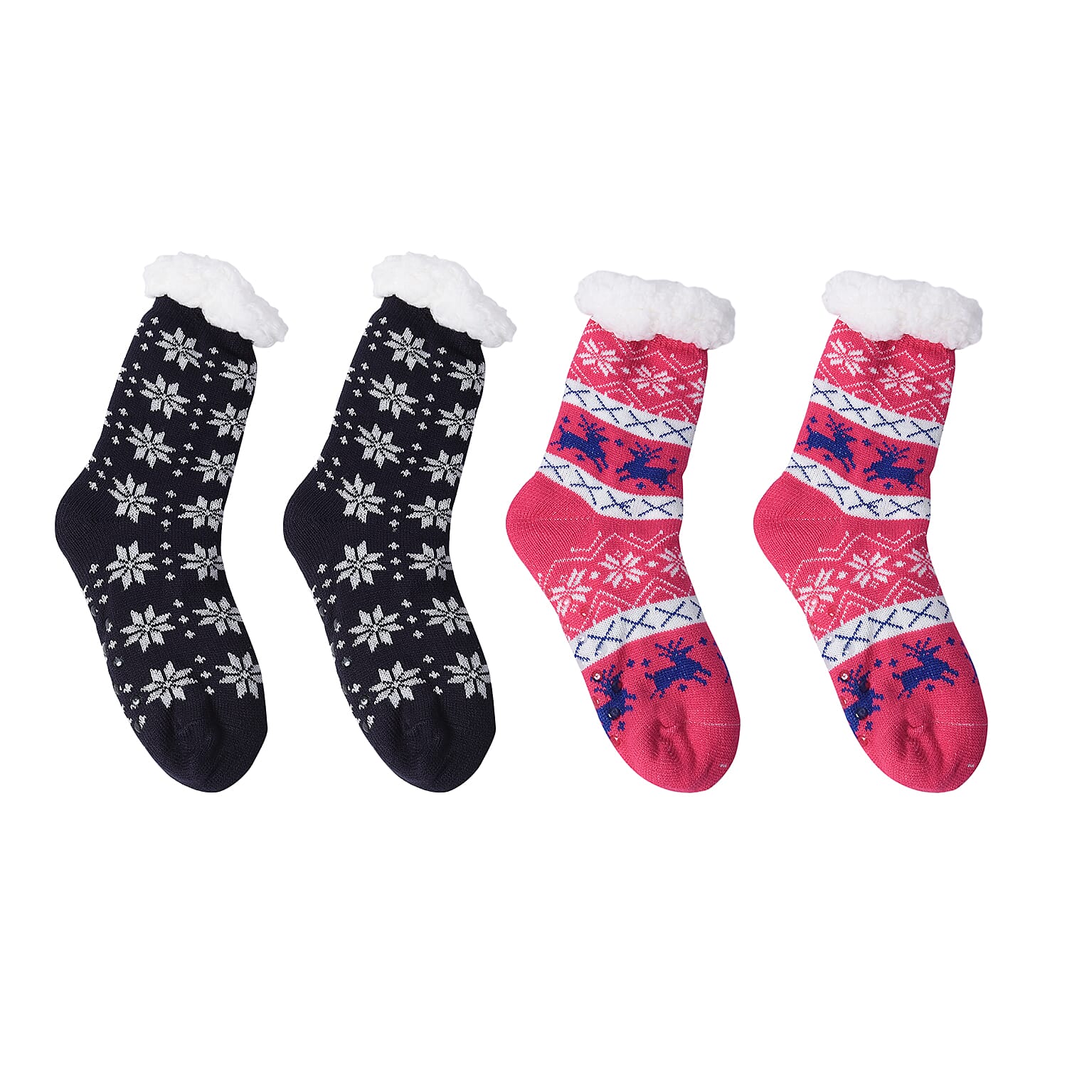 Set of 2 - Warm & Fuzzy Snowflake and Deer Pattern Jacquard Knitted Inside Sherpa Socks (Size 5-10) - Black, White, Pink and Blue