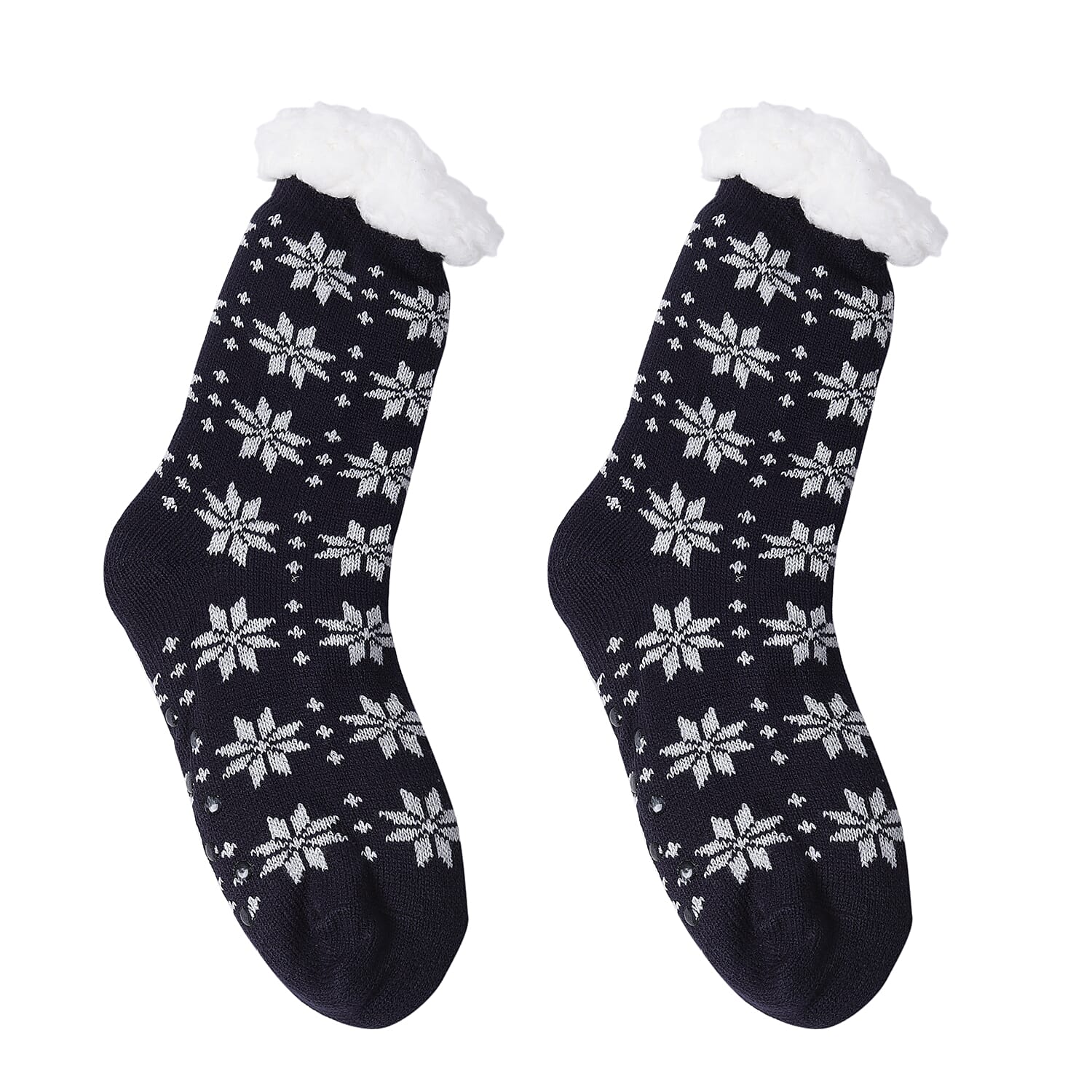 Set of 2 - Warm & Fuzzy Snowflake and Deer Pattern Jacquard Knitted Inside Sherpa Socks (Size 5-10) - Black, White, Pink and Blue