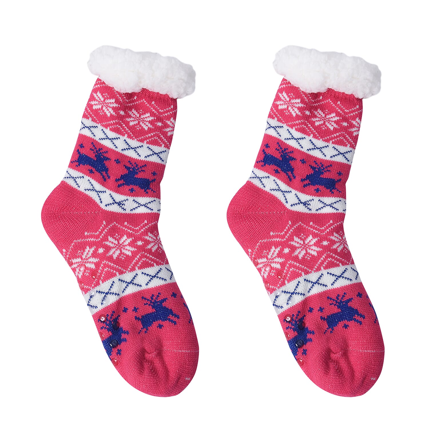 Set of 2 - Warm & Fuzzy Snowflake and Deer Pattern Jacquard Knitted Inside Sherpa Socks (Size 5-10) - Black, White, Pink and Blue