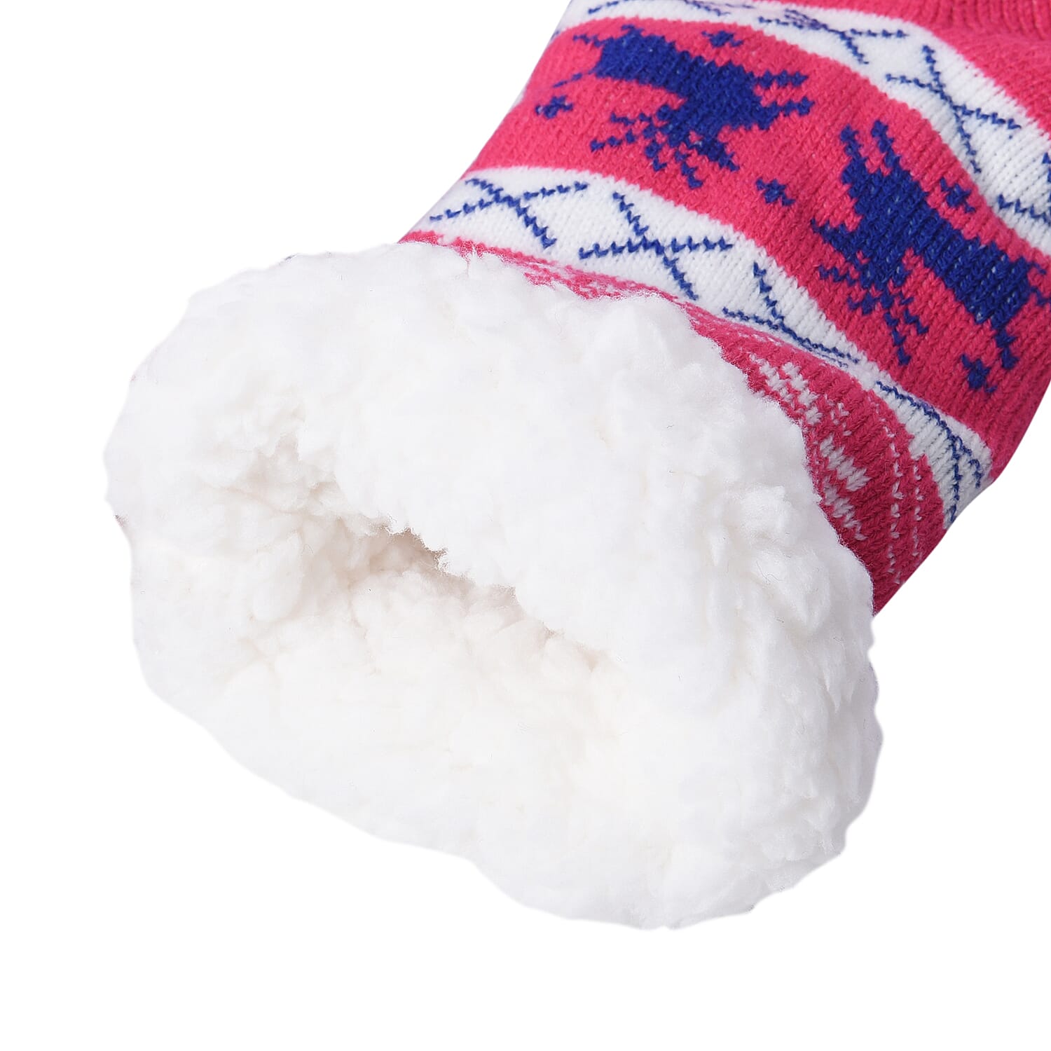 Set of 2 - Warm & Fuzzy Snowflake and Deer Pattern Jacquard Knitted Inside Sherpa Socks (Size 5-10) - Black, White, Pink and Blue