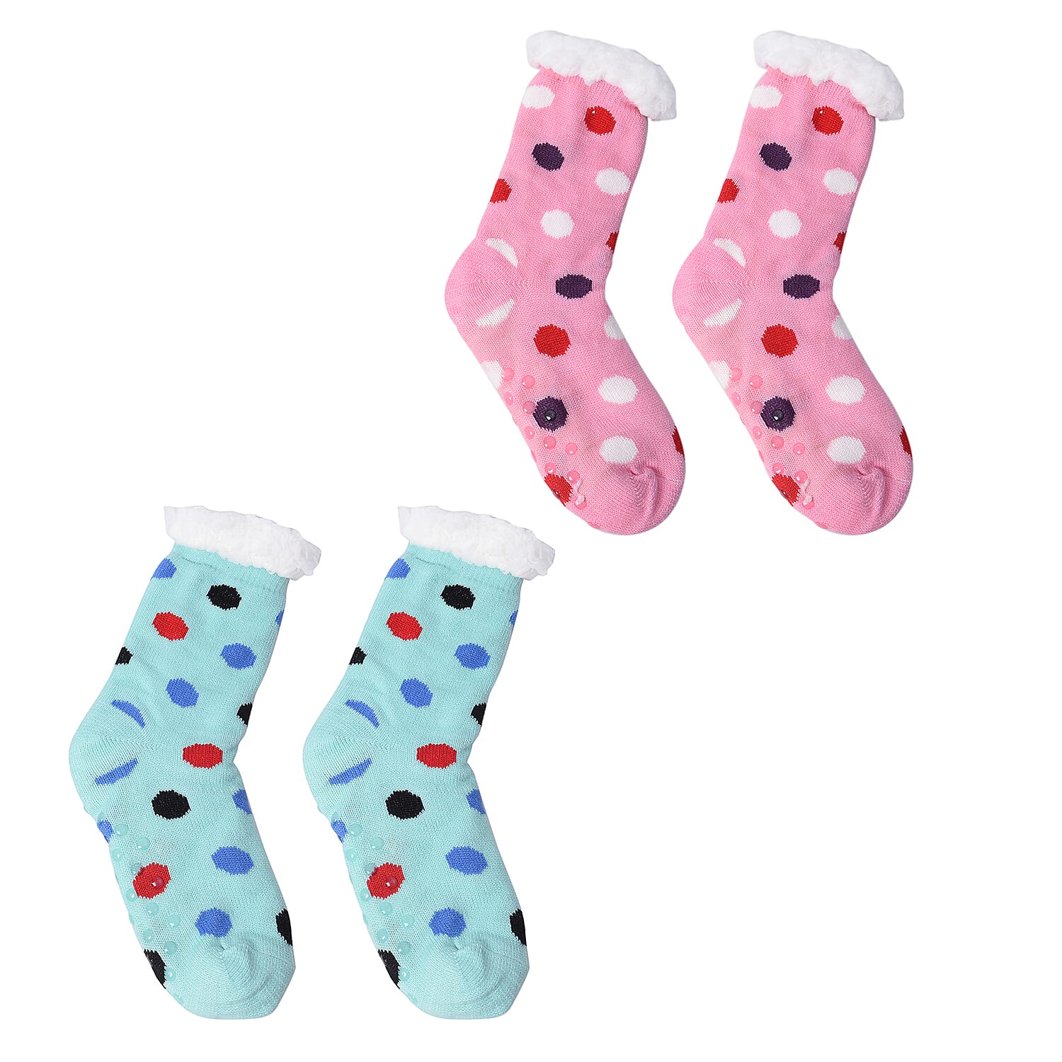 Set of 2 - Warm & Fuzzy Dot Pattern Sherpa Lined Slipper Socks (Size 5-10) - Pink and Blue