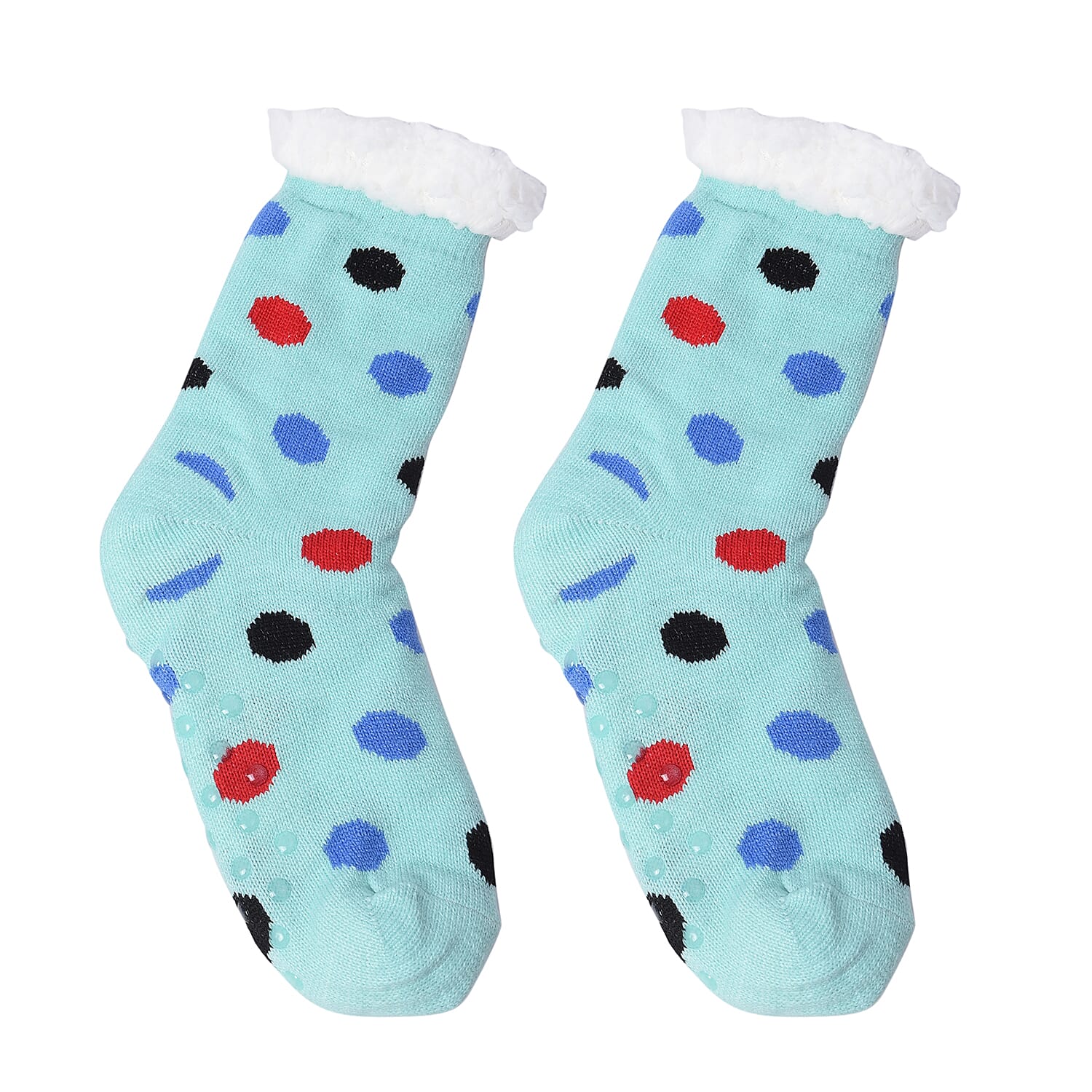 Set of 2 - Warm & Fuzzy Dot Pattern Sherpa Lined Slipper Socks (Size 5-10) - Pink and Blue