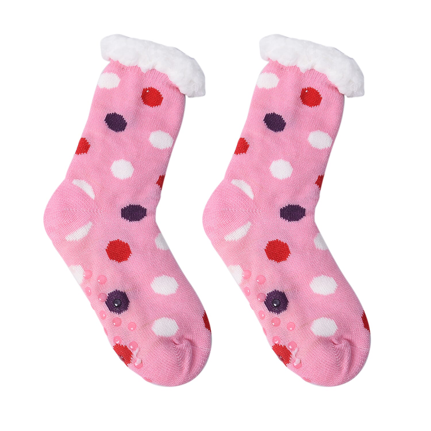 Set of 2 - Warm & Fuzzy Dot Pattern Sherpa Lined Slipper Socks (Size 5-10) - Pink and Blue