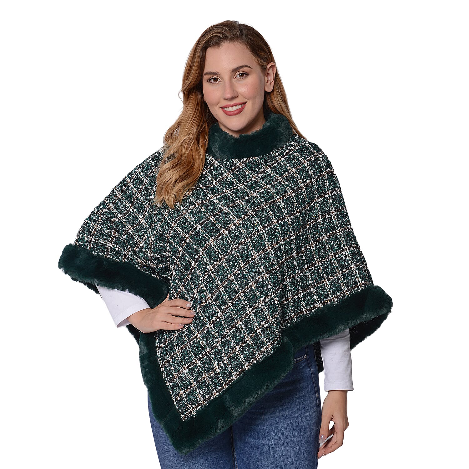 Green Checkered Pattern Tweed Poncho with Faux Fur Trim (Size 70x80cm)