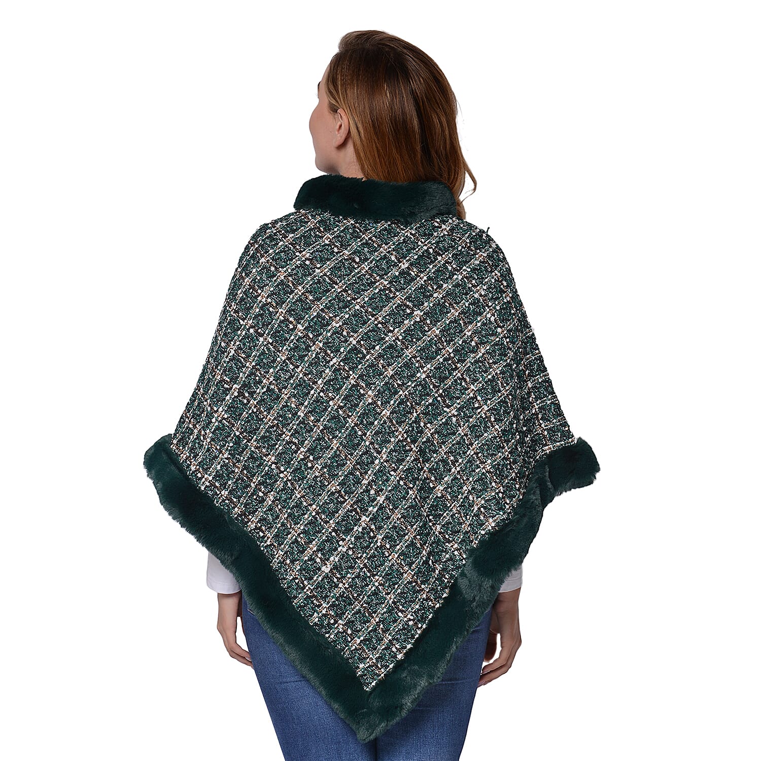 Green Checkered Pattern Tweed Poncho with Faux Fur Trim (Size 70x80cm)