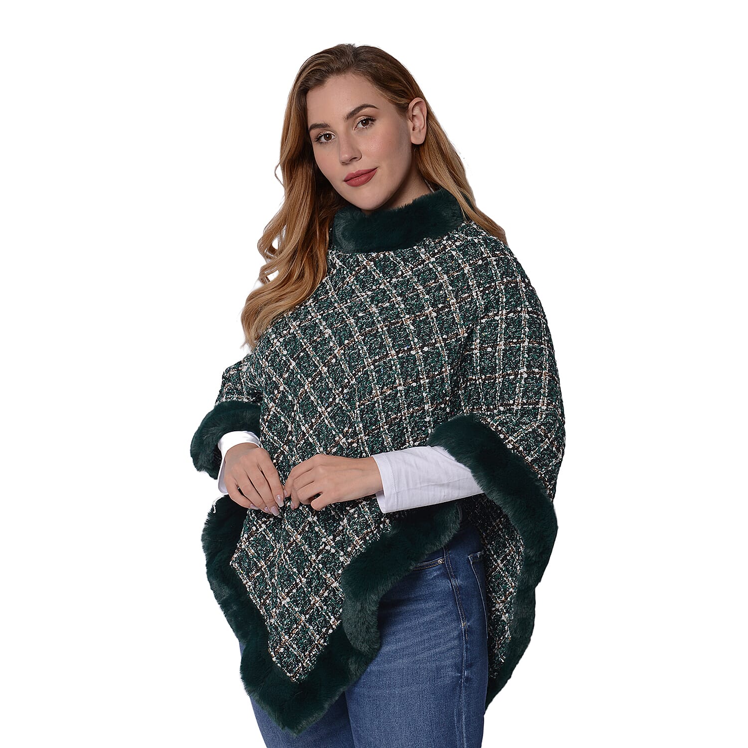 Green Checkered Pattern Tweed Poncho with Faux Fur Trim (Size 70x80cm)