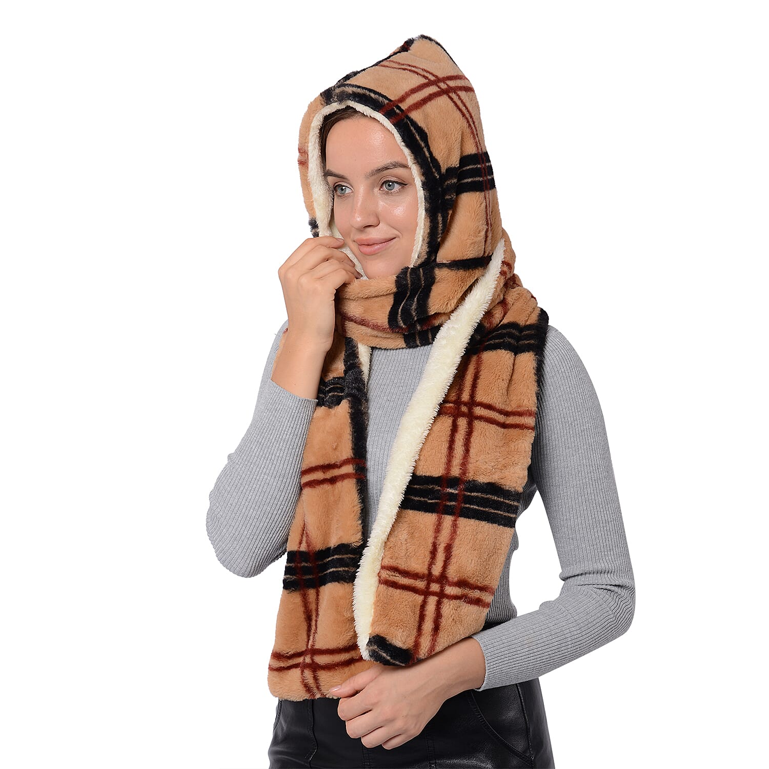 Plaid Hooded Scarf (Size 17x200cm) - Brown, Black and Red Colour