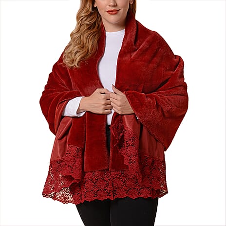 Faux Fur Hooded Cross-Over Scarf (Size 190x77 cm) - Wine