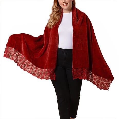 Faux Fur Hooded Cross-Over Scarf (Size 190x77 cm) - Wine