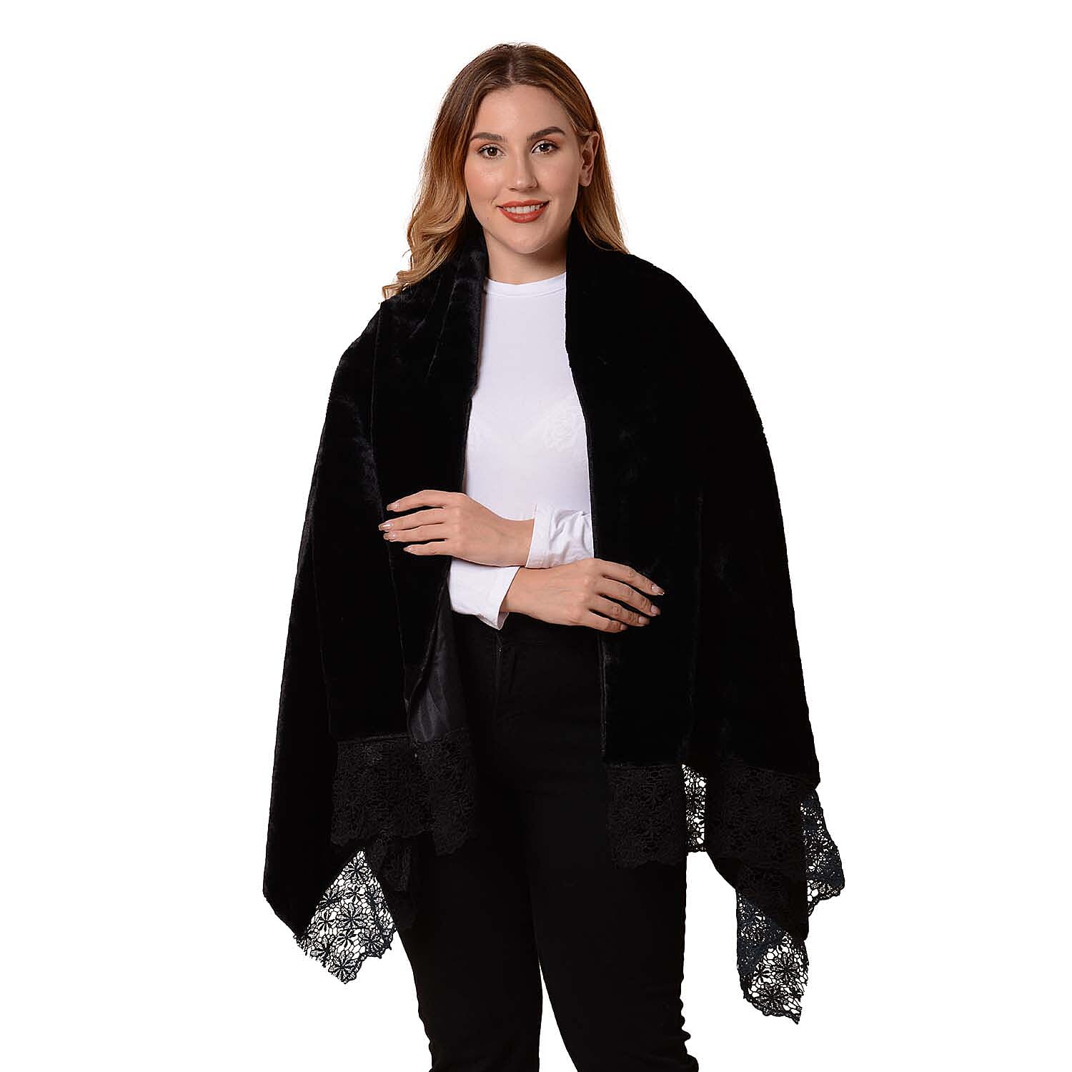 Faux Fur Hooded Cross-Over Scarf (Size 190x77 cm) - Black