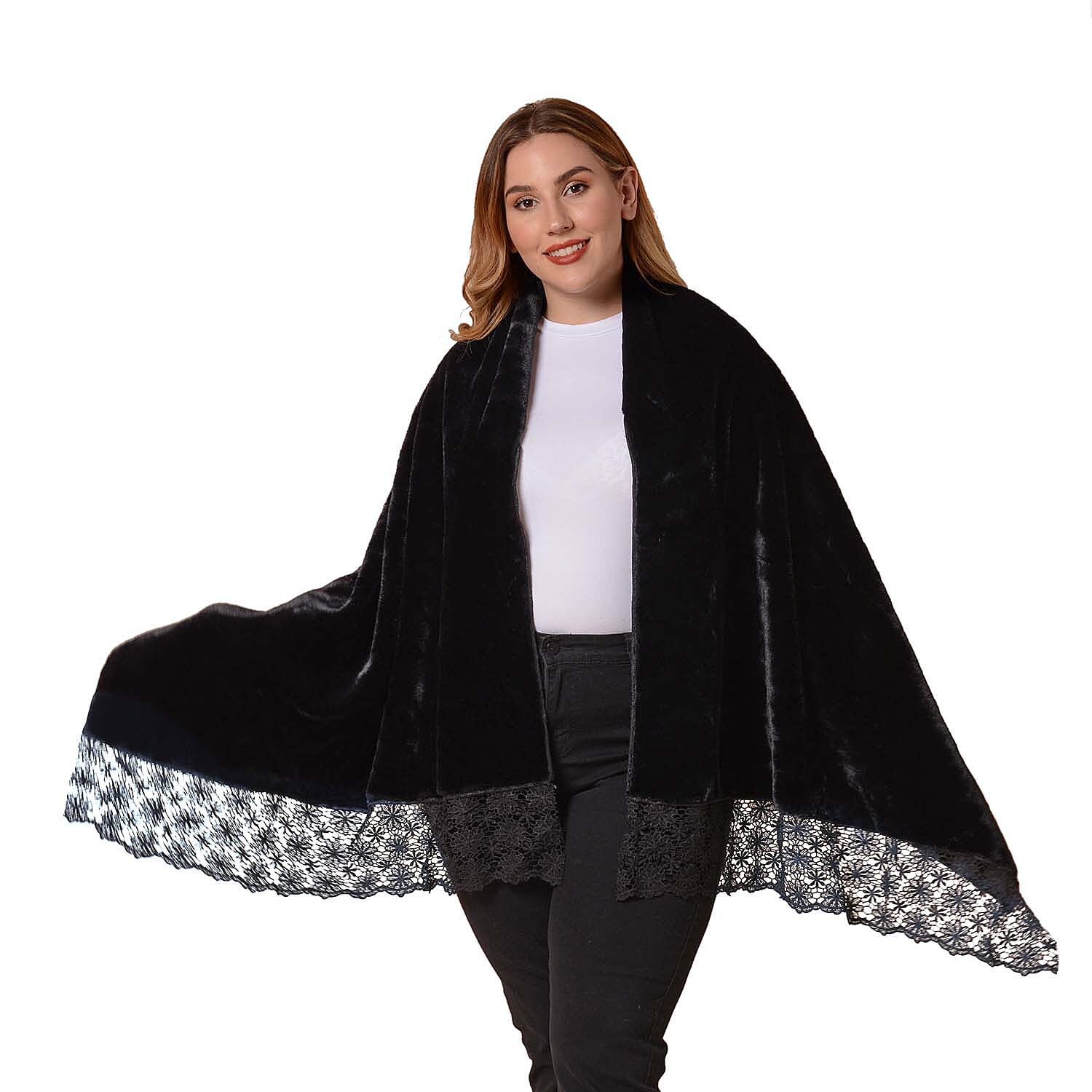 Faux Fur Hooded Cross-Over Scarf (Size 190x77 cm) - Black