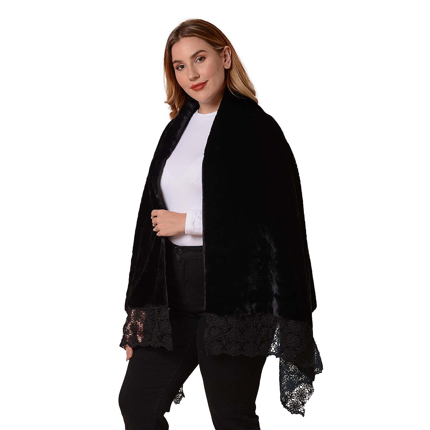 Faux Fur Hooded Cross-Over Scarf (Size 190x77 cm) - Black