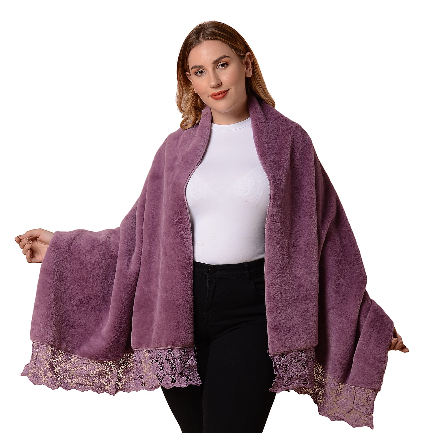 Faux Fur  Cross-Over Shawl (Size 190x77 cm) - Purple