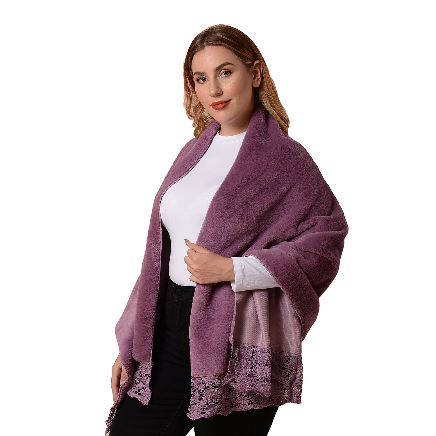 Faux Fur  Cross-Over Shawl (Size 190x77 cm) - Purple