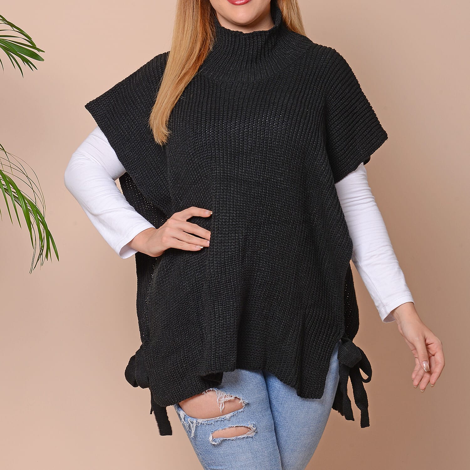High Collar Knit Vest with Adjustable Strap on Sides (Size 68x70cm) - Black