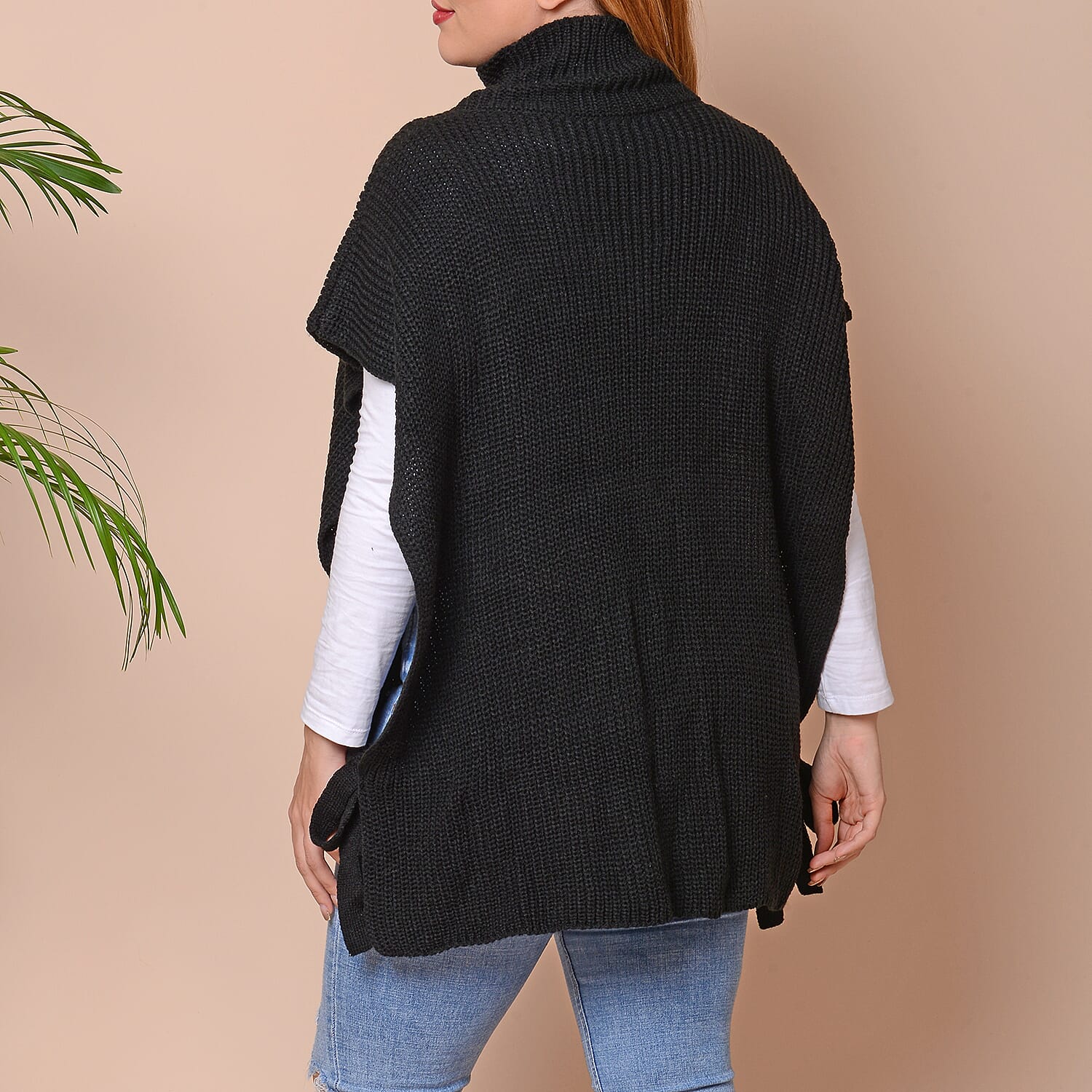 High Collar Knit Vest with Adjustable Strap on Sides (Size 68x70cm) - Black