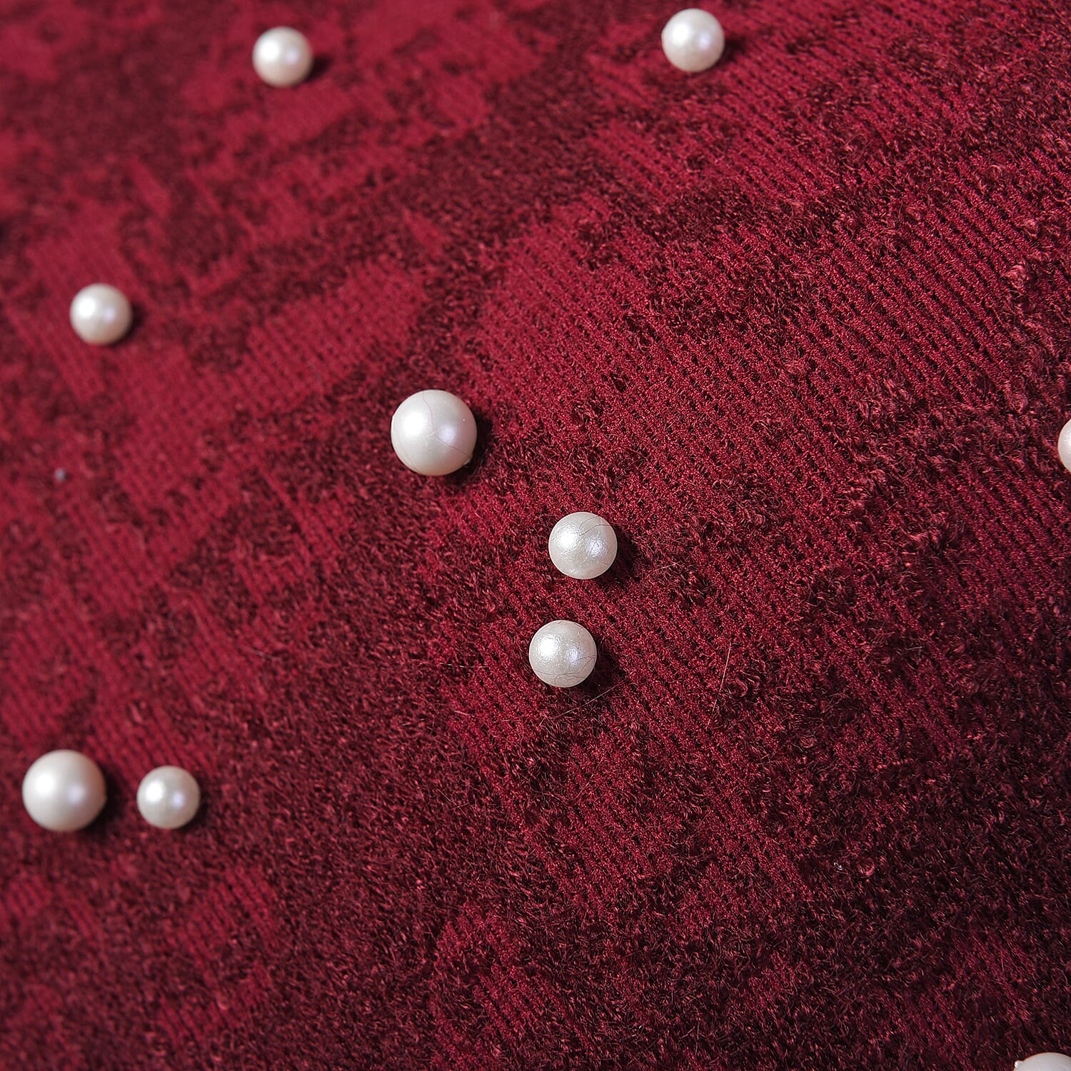 Knit Poncho with Faux Fur Collar, Simulated Pearls and Fringe Detail (Size 99x81+10cm) - Wine Colour