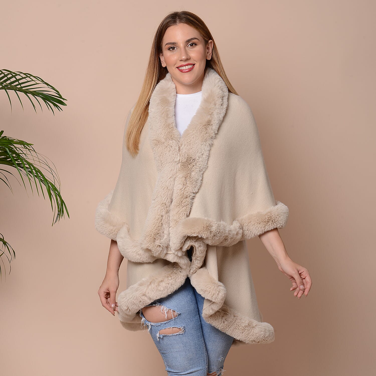 Solid Beige Kimono with Faux Fur Trim (Size 125x79cm)