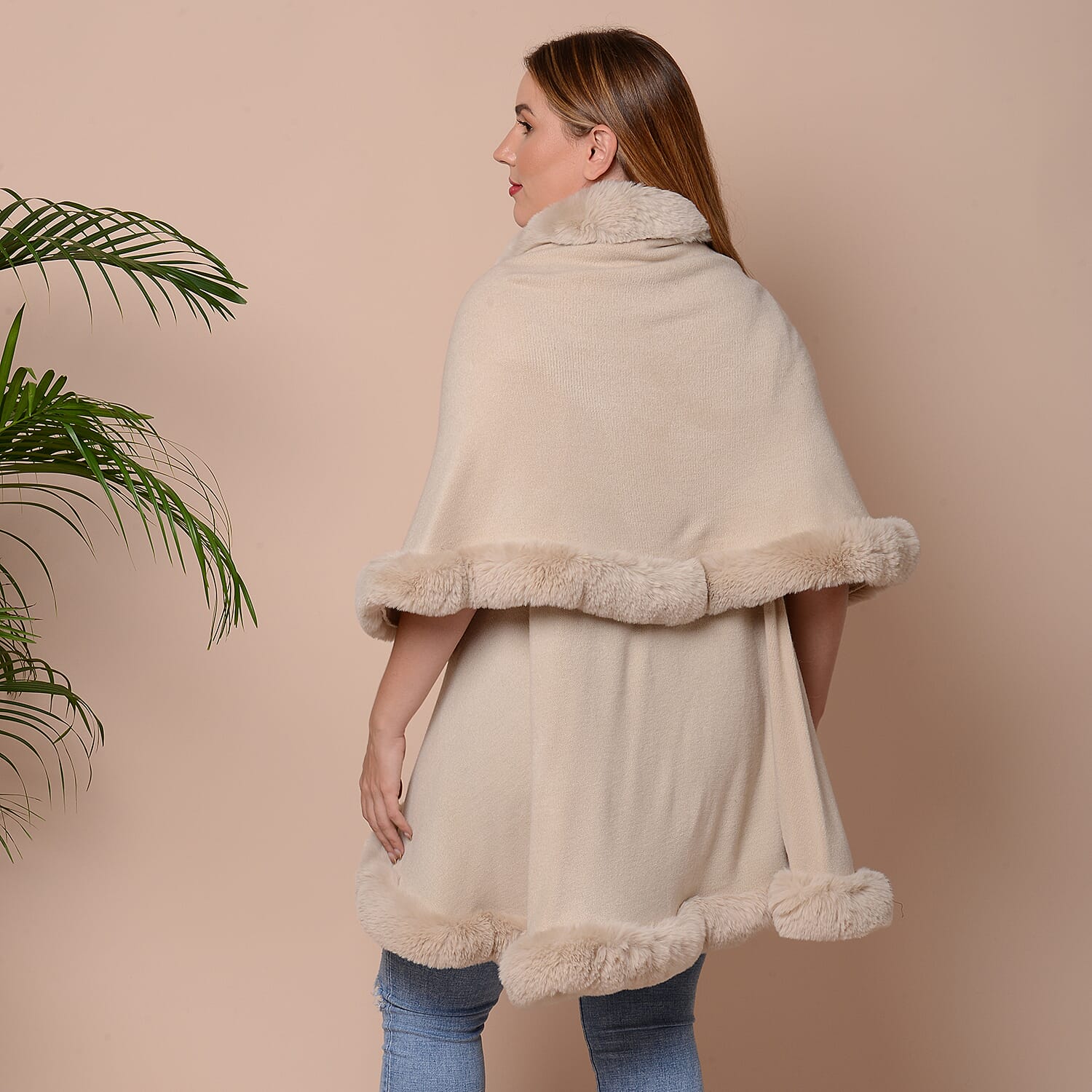 Solid Beige Kimono with Faux Fur Trim (Size 125x79cm)