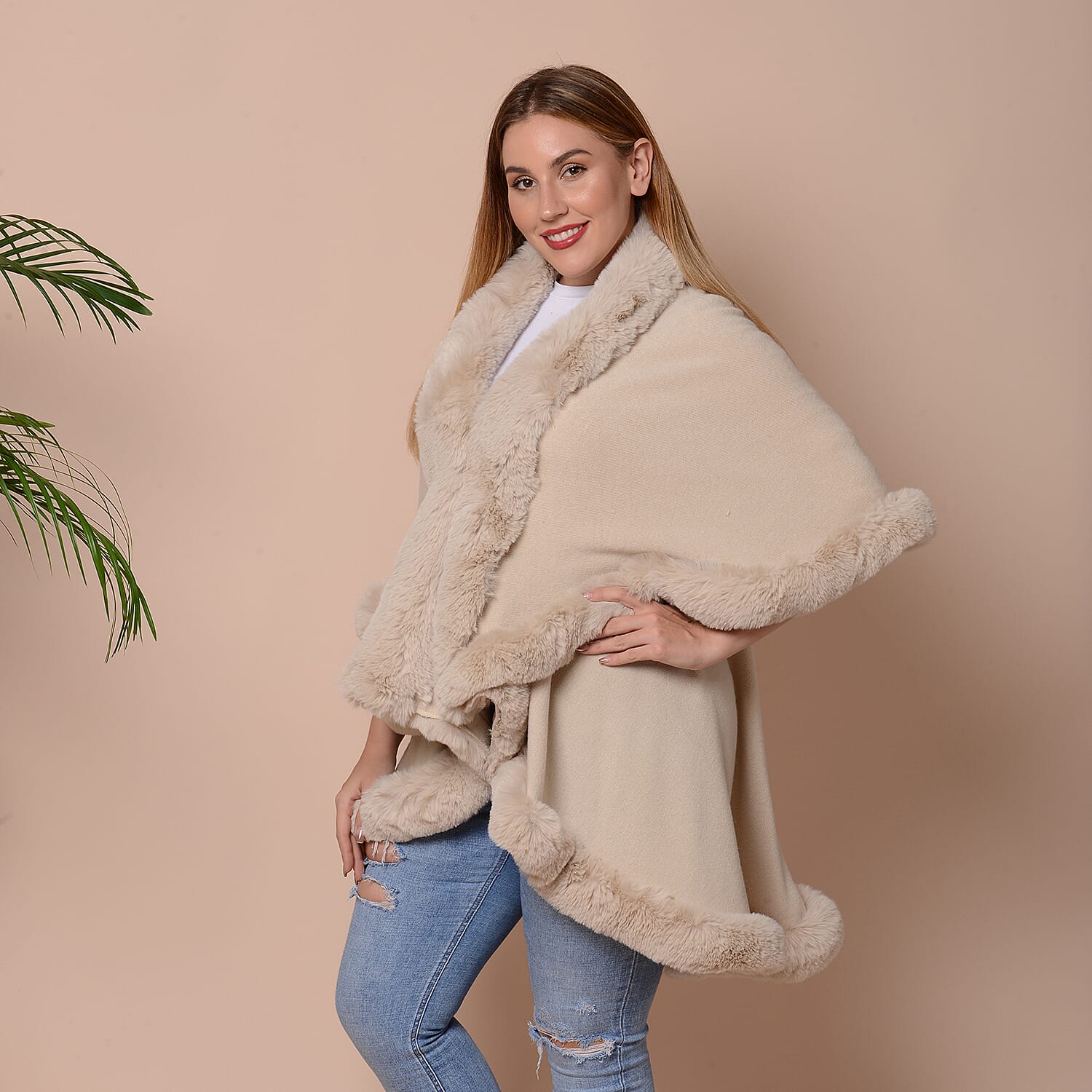 Solid Beige Kimono with Faux Fur Trim (Size 125x79cm)