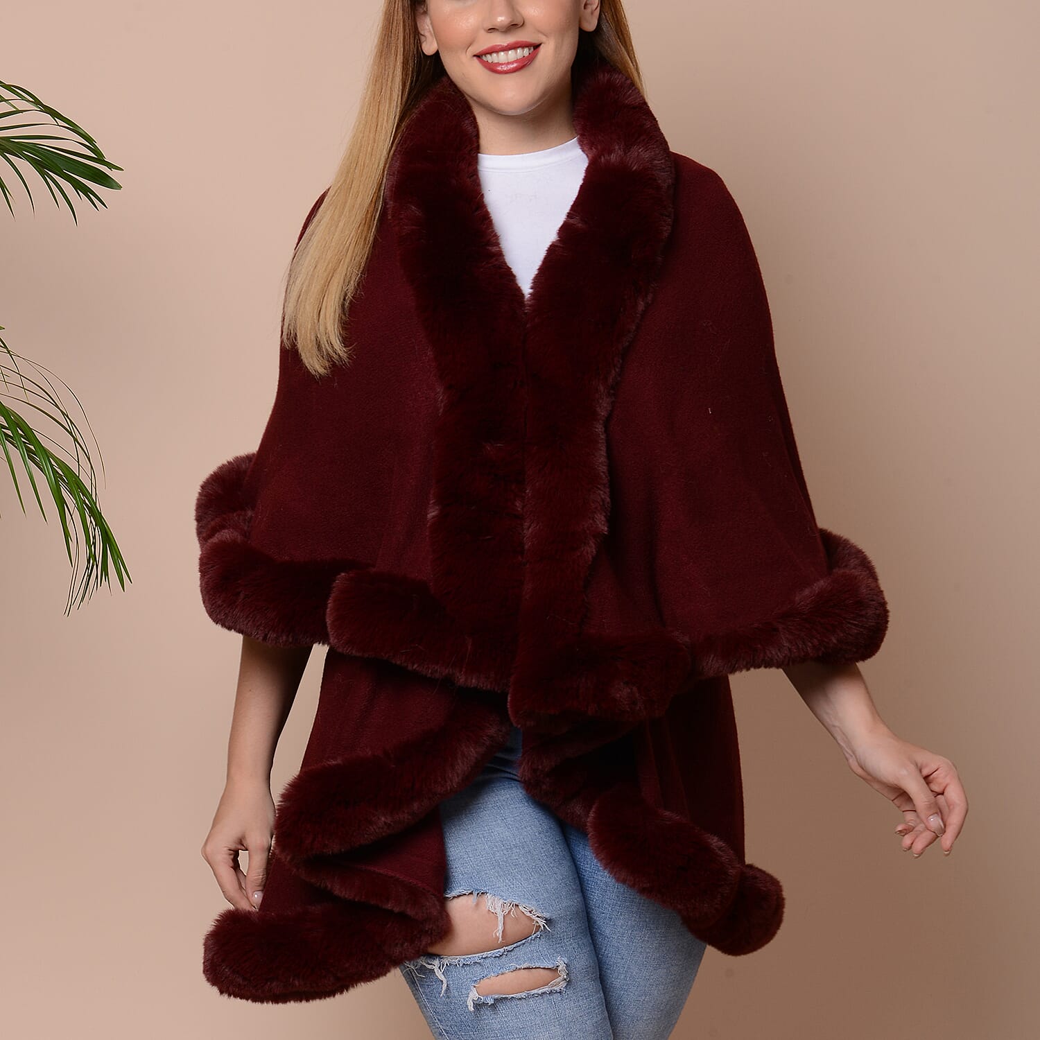Solid Burgundy Kimono with Faux Fur Trim (Size 125x79cm)