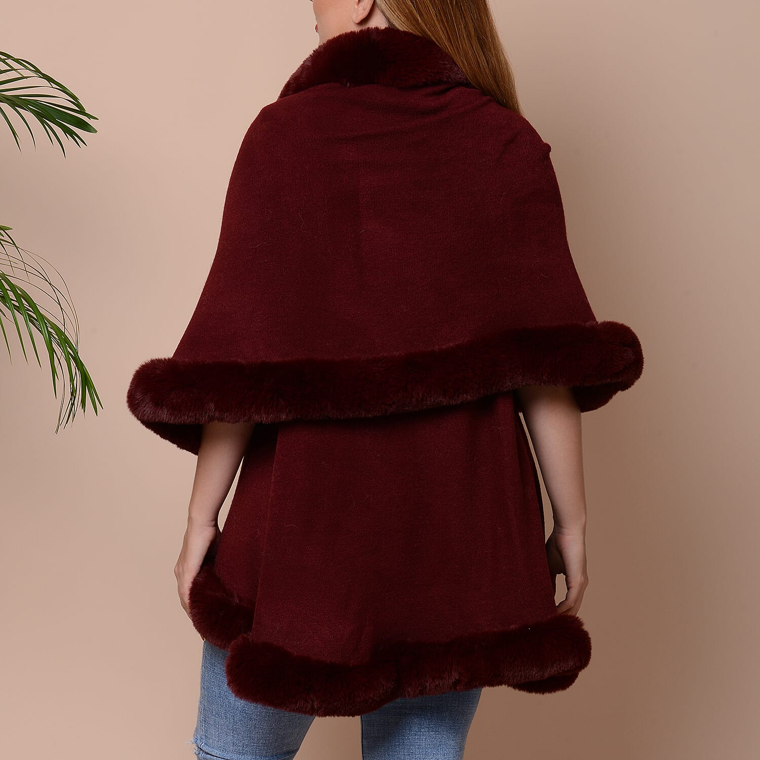 Solid Burgundy Kimono with Faux Fur Trim (Size 125x79cm)