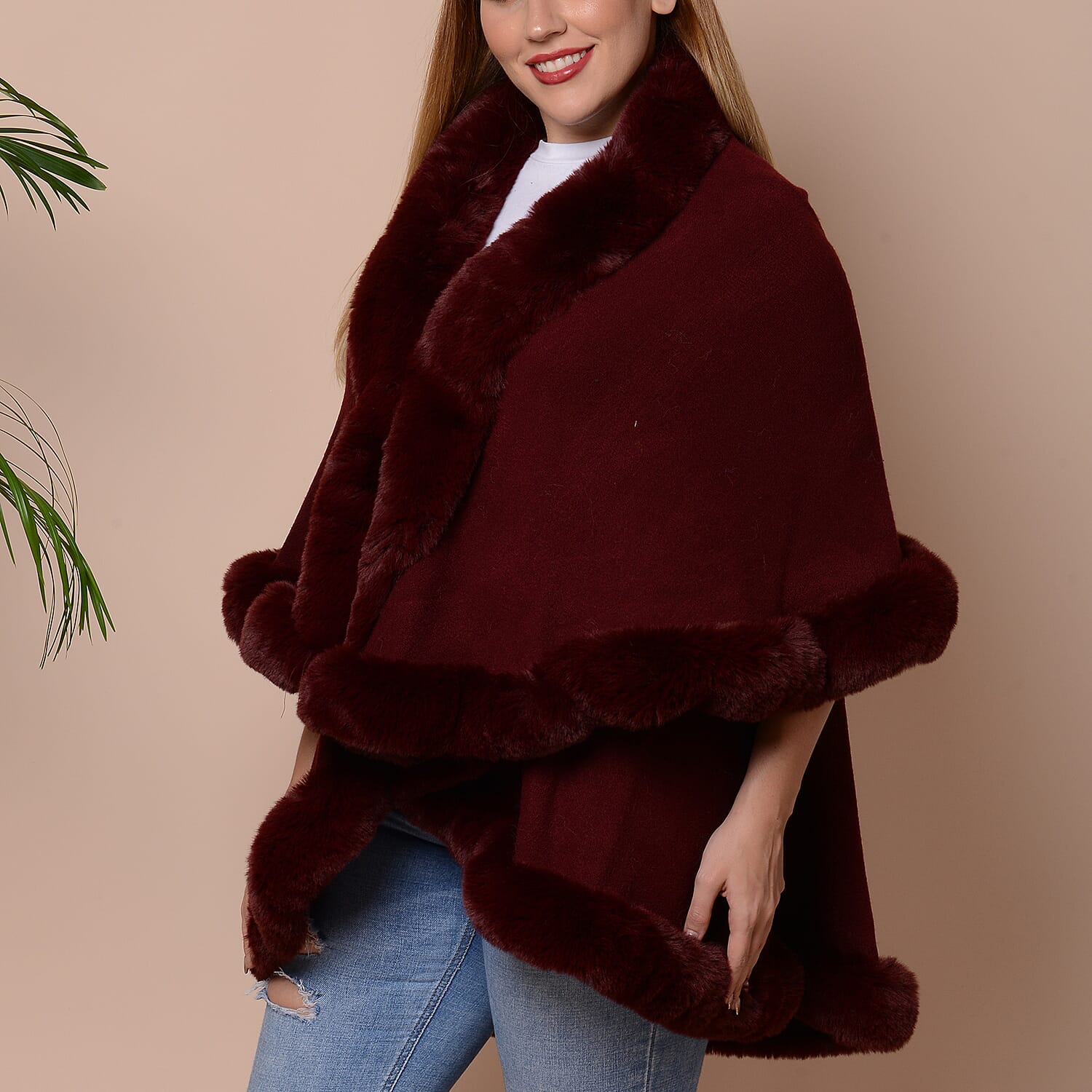 Solid Burgundy Kimono with Faux Fur Trim (Size 125x79cm)