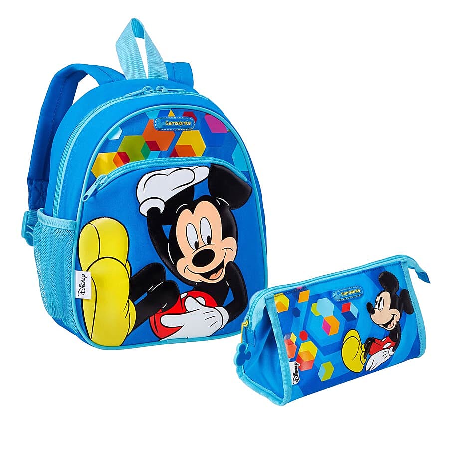 2 Piece Set - Disney Mickey Mouse Backpack (Size 28x23.5x12.5 Cm) with Toiletry Bag (Size 24x14x4 Cm) - Blue