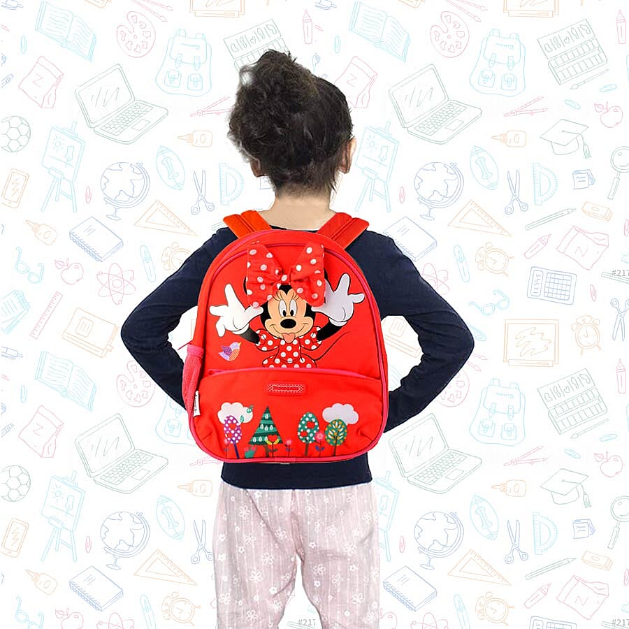 2 Piece Set - Disney Minnie Mouse Backpack (Size 20x23.5x11 Cm) with Toiletry Bag (Size 24x14x4 Cm) - Red