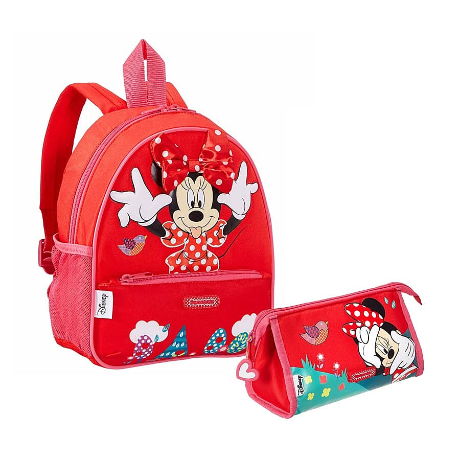 2 Piece Set - Disney Minnie Mouse Backpack (Size 20x23.5x11 Cm) with Toiletry Bag (Size 24x14x4 Cm) - Red