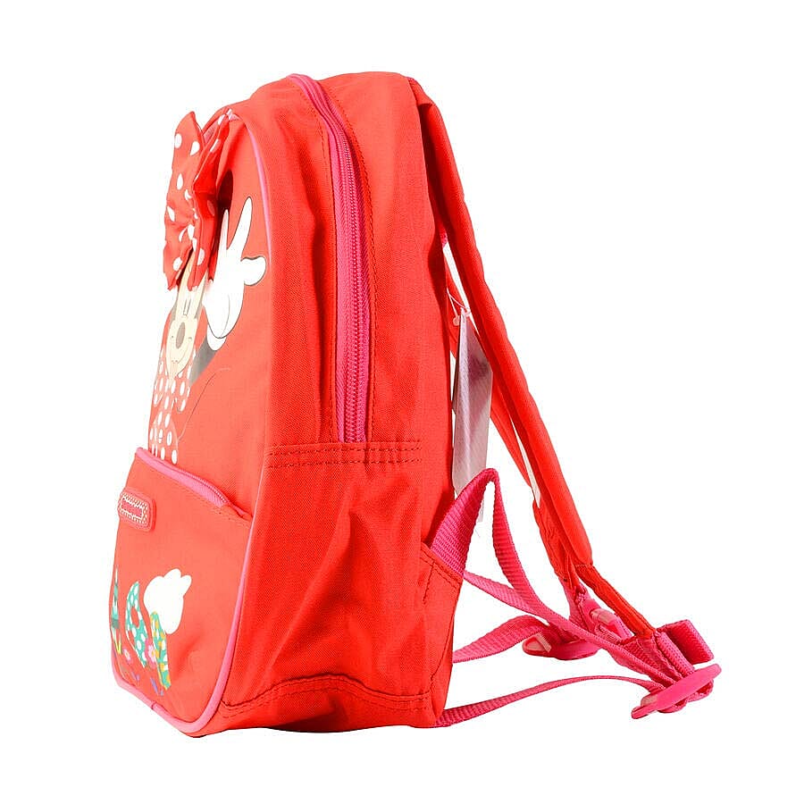 2 Piece Set - Disney Minnie Mouse Backpack (Size 20x23.5x11 Cm) with Toiletry Bag (Size 24x14x4 Cm) - Red