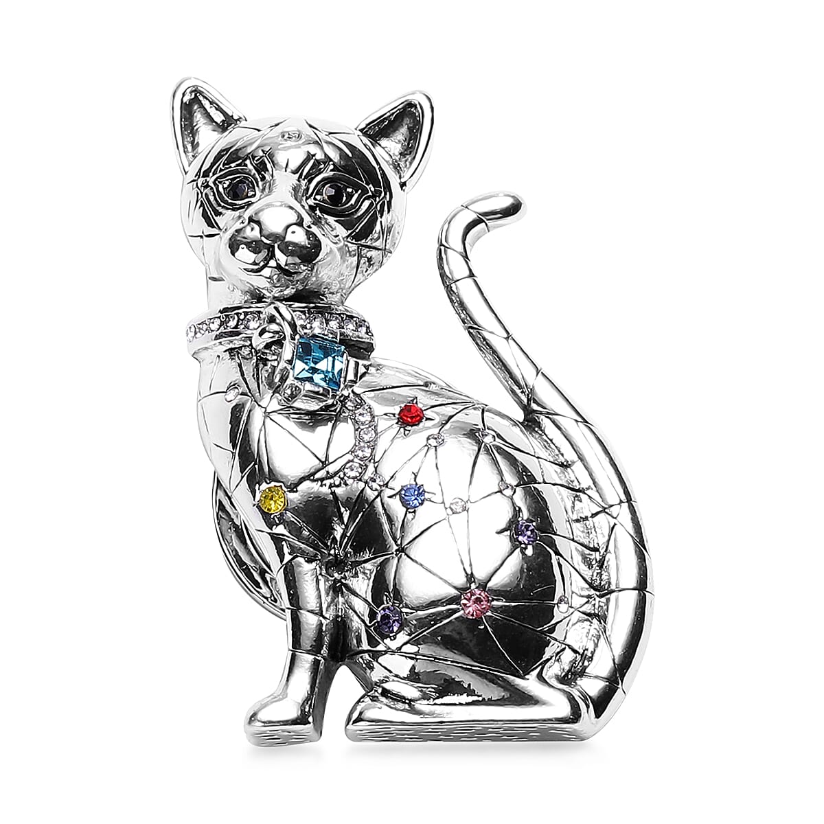 Simulated Aquamarine and Multi Colour Austrian Crystal Cat Magnetic Magnetic Brooch in Black Plating and Silver Tone