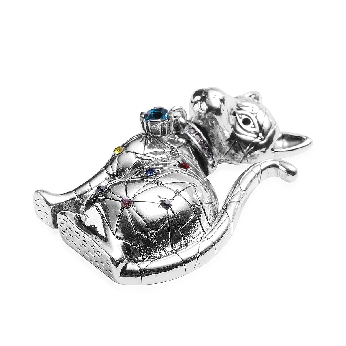 Simulated Aquamarine and Multi Colour Austrian Crystal Cat Magnetic Magnetic Brooch in Black Plating and Silver Tone