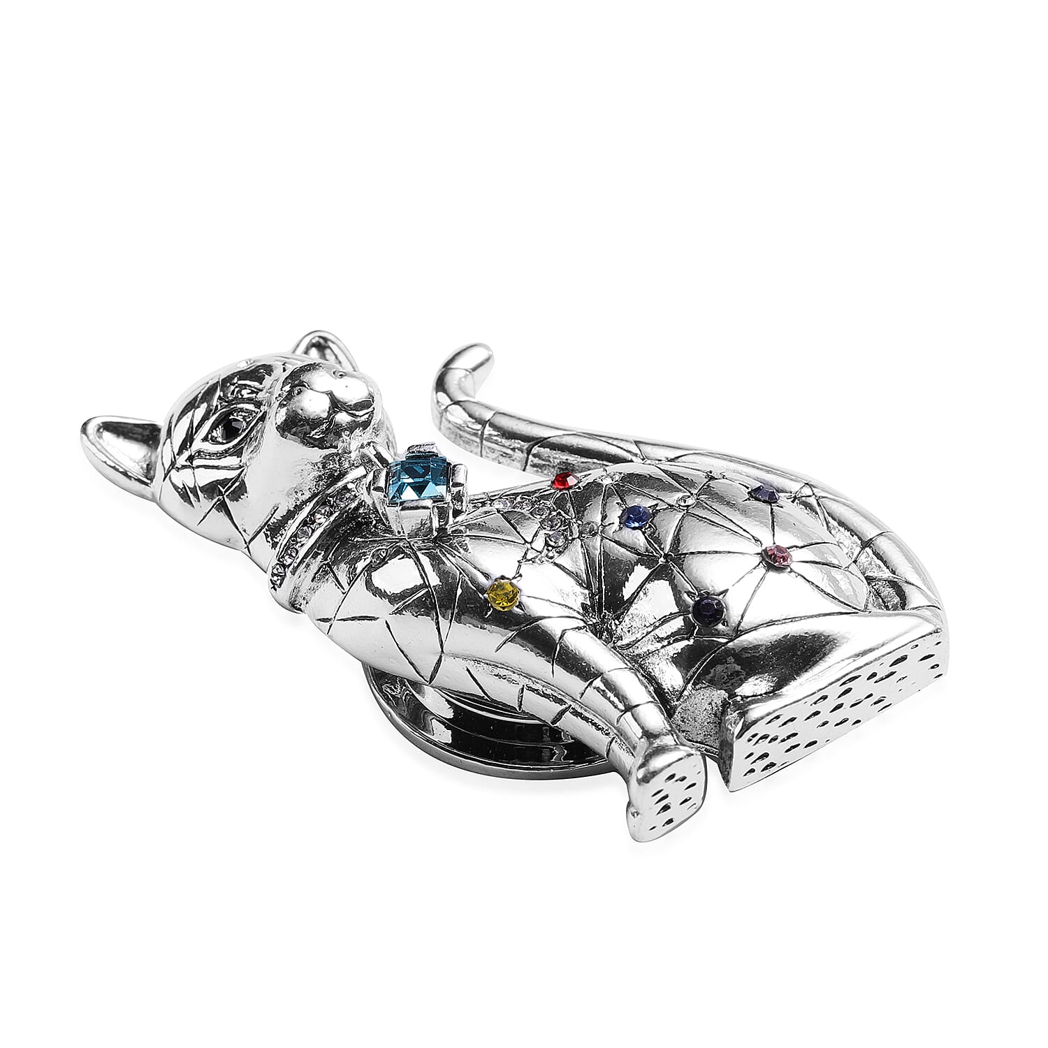 Simulated Aquamarine and Multi Colour Austrian Crystal Cat Magnetic Magnetic Brooch in Black Plating and Silver Tone
