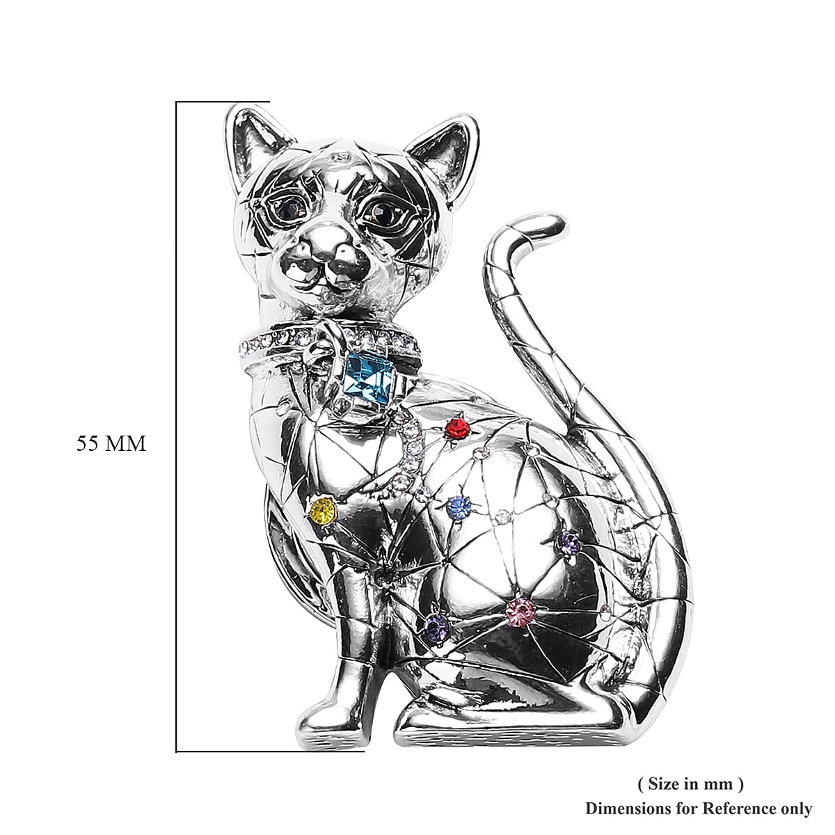 Simulated Aquamarine and Multi Colour Austrian Crystal Cat Magnetic Magnetic Brooch in Black Plating and Silver Tone