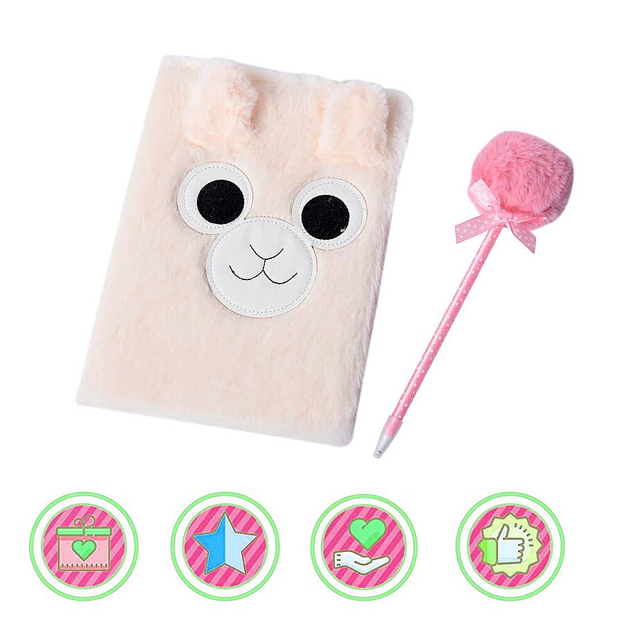 2 Piece Set - Fluffy Monkey Cover Notebook with Pom-Pom Blue Ink Pen - Pink & White