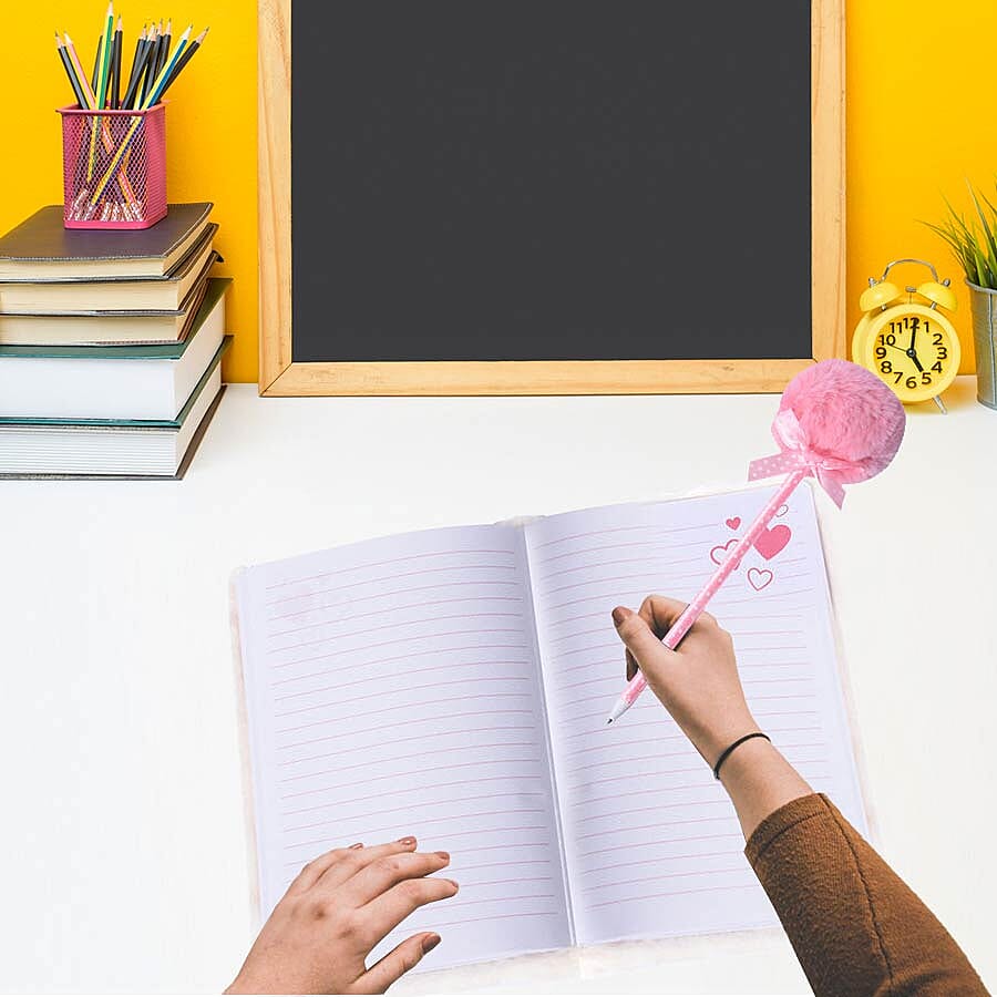 2 Piece Set - Fluffy Monkey Cover Notebook with Pom-Pom Blue Ink Pen - Pink & White